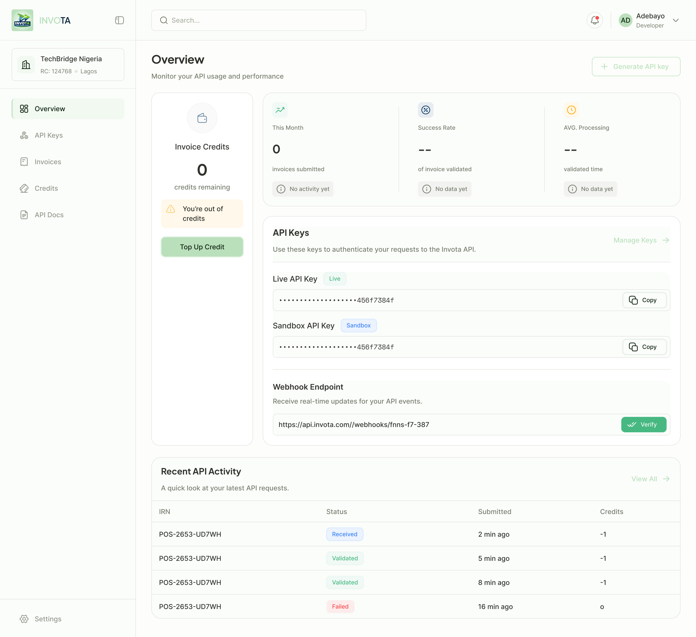 API Access in the Invota dashboard