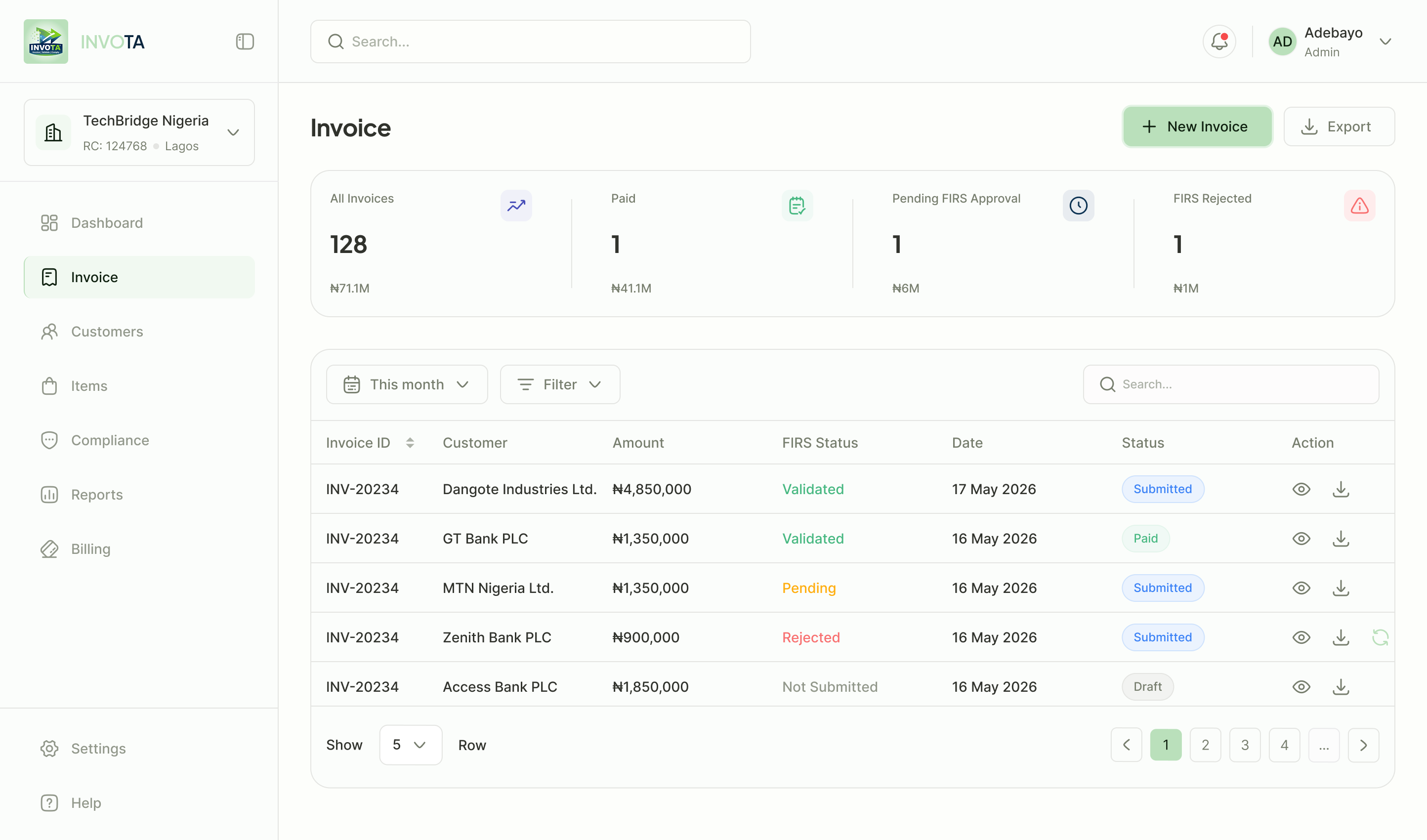 E-Invoicing in the Invota dashboard