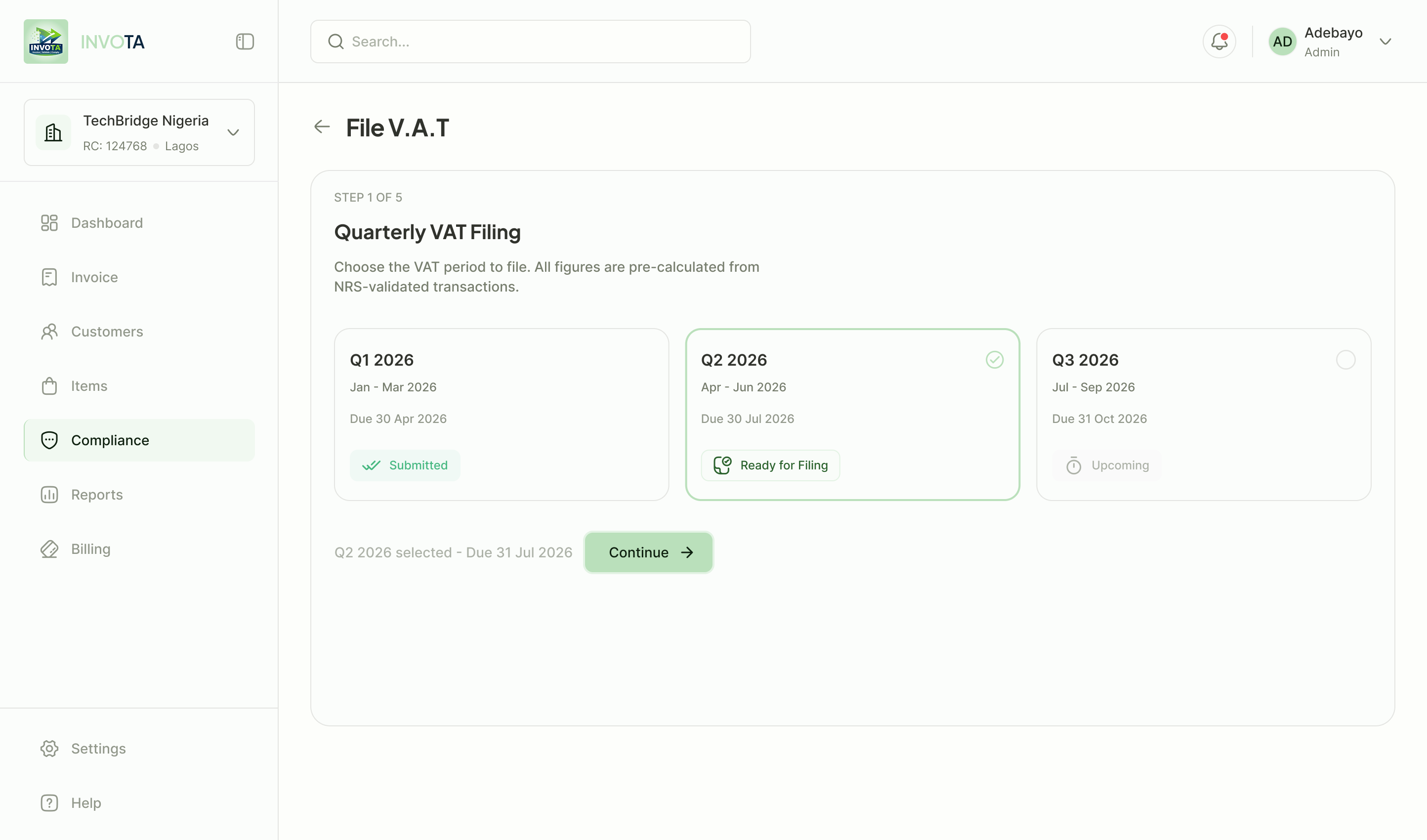 Tax Reports in the Invota dashboard